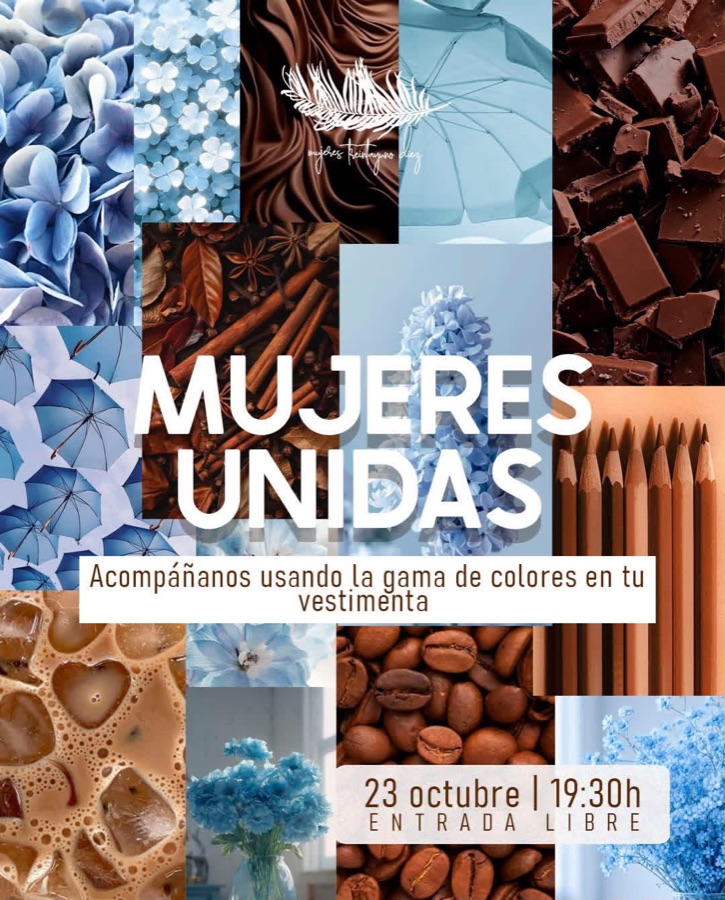 Collage de inspiración en tonos azul cielo, azul hortensia, chocolate, canela y café con leche